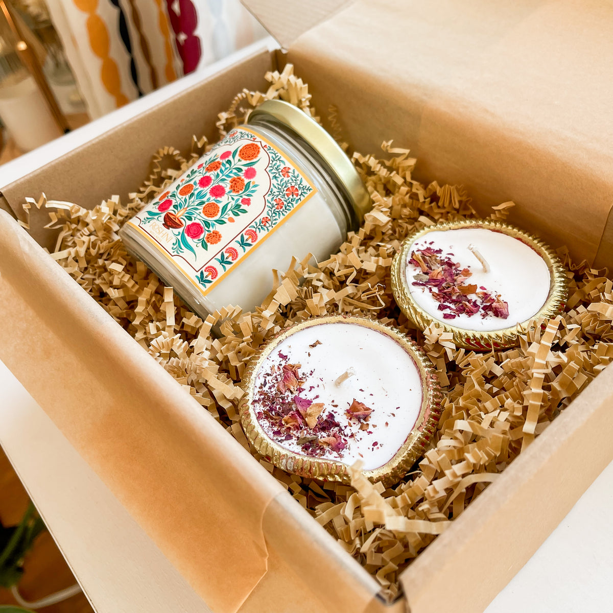 Diwali Gift box: Limited Edition Masala Diwali Candle + Red Clay Rose Petal Diyas