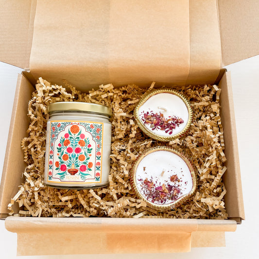 Diwali Gift box: Limited Edition Masala Diwali Candle + Red Clay Rose Petal Diyas